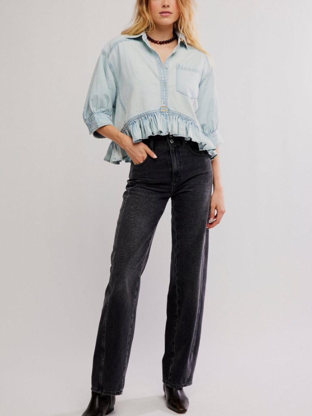 Free People Light Blue Ruffle Hem Denim Button-Down Top - Picture 5 of 6